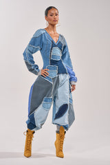 COMFY COZY JUMPSUIT IN DENIM PATCHWORK