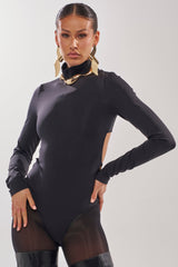 BLACK OUT MOCK NECK OPEN BACK BODYSUIT