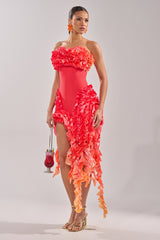 CITY LIGHTS RUFFLE MAXI DRESS IN RED OMBRE