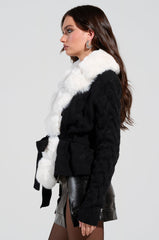 BABBS KNIT FUR TRIM CARDIGAN WITH SELF TIE BELT