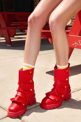 AZALEA WANG BHARTI RED SNAP DETAIL BOOTIE