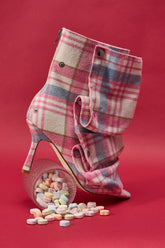 AZALEA WANG BIRD SONG PINK PLAID MULTI OPEN TOE SNAP BOOTIE