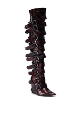 AZALEA WANG CINZIA RED WEDGE BOOT WITH BUCKLE DETAIL