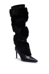 AZALEA WANG CONRADDE BLACK MIXED MATERIAL FUR AND SNAKE STILETTO BOOT