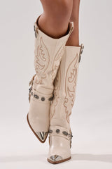 AZALEA WANG GERVASE BONE PU SILVER HARDWARE WESTERN BOOT