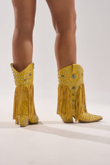 AZALEA WANG GREYSON YELLOW RHINESTONE EMBELLISHED WESTERN BOOTIE