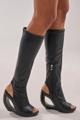 AZEALA WANG ILYSSA BLACK NOVELTY WEDGE KNEE HIGH BOOTIE