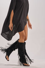 AZALEA WANG JOHANNA BLACK FRINGE GLADIATOR SANDAL