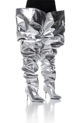 AZALEA WANG NEMY SILVER KITTEN HEEL THIGH HIGH BOOT