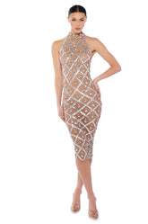 DIAMONDS ARE FOREVER MESH MIDI DRESS IN BEIGE