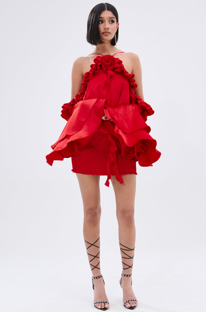 CHIC AF RUFFLE MINI DRESS IN RED