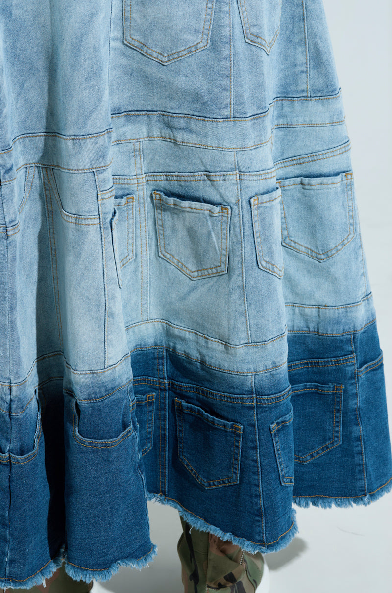DENIM ON DENIM LAYERED MAXI DRESS WITH HOOD