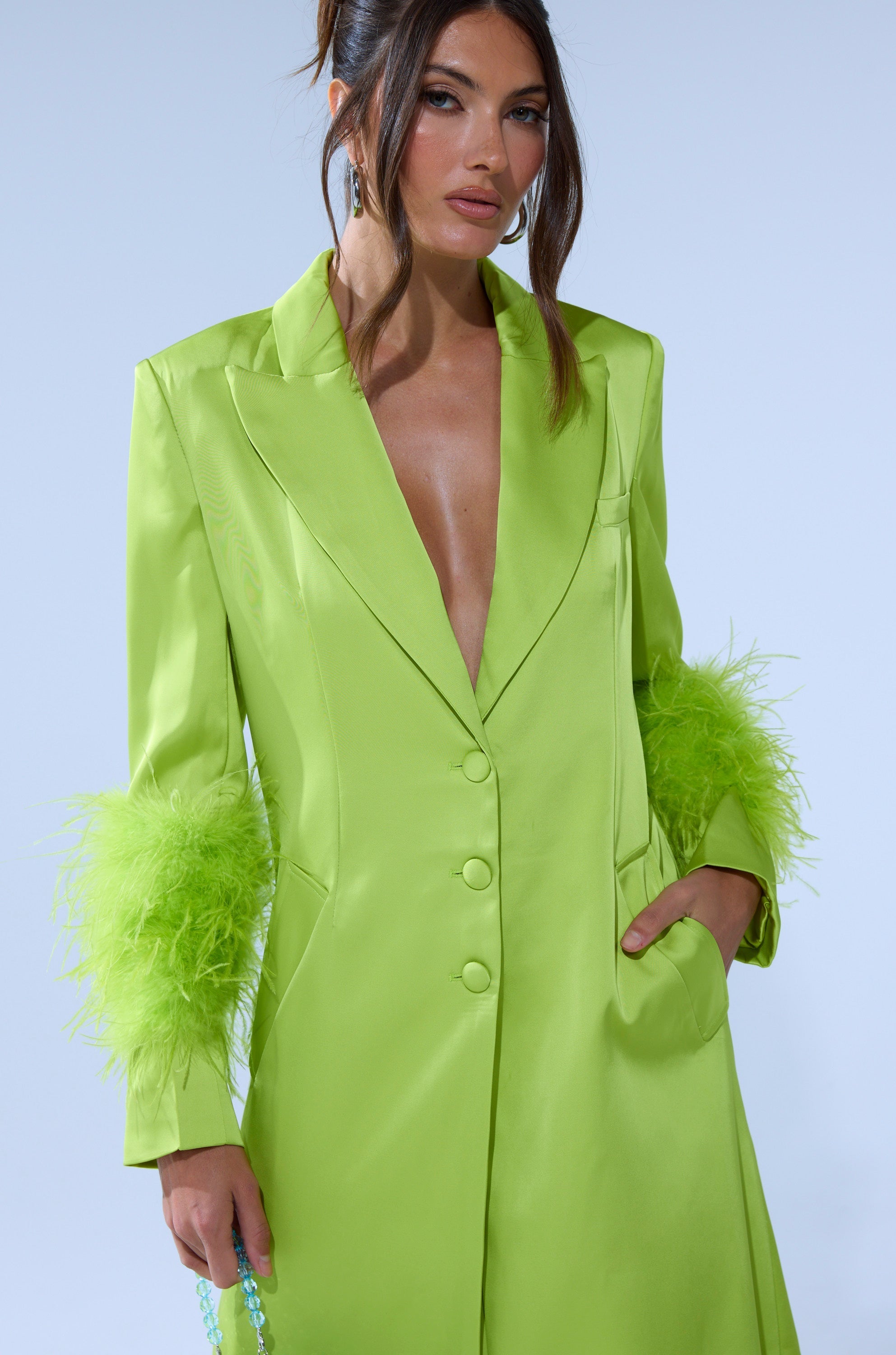 CHARTREUSE FEATHER TRIM TRENCH