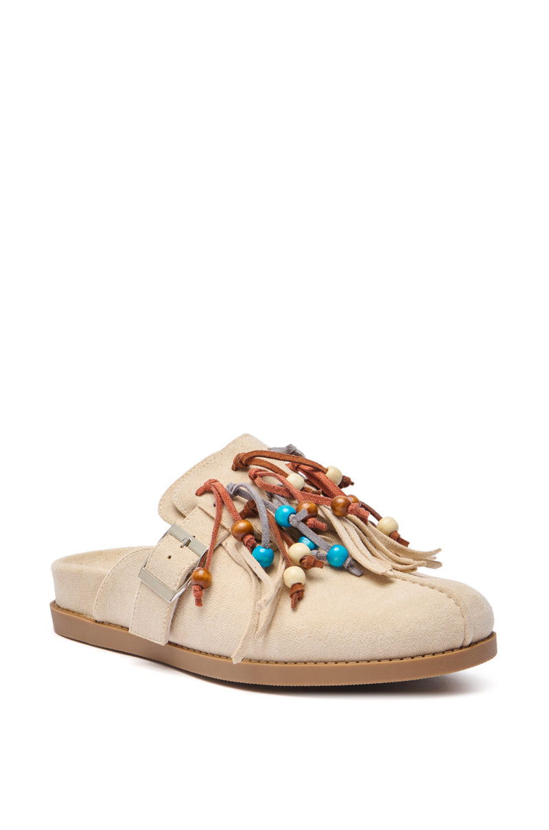 AZALEA WANG ABEILLE BEIGE FAUX SUEDE FRINGE CLOG