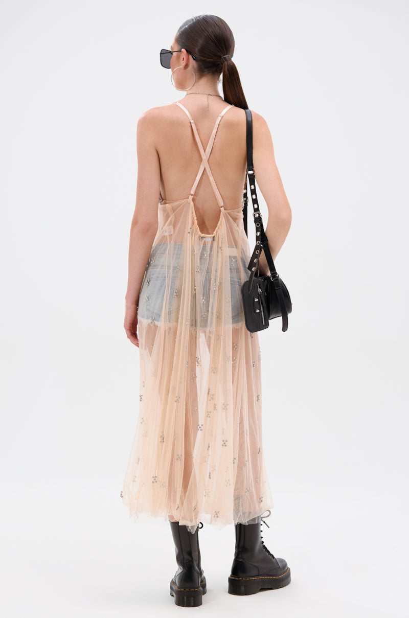 DO YOU BELIEVE IN LOVE RHINESTONE MESH MIDI DRESS