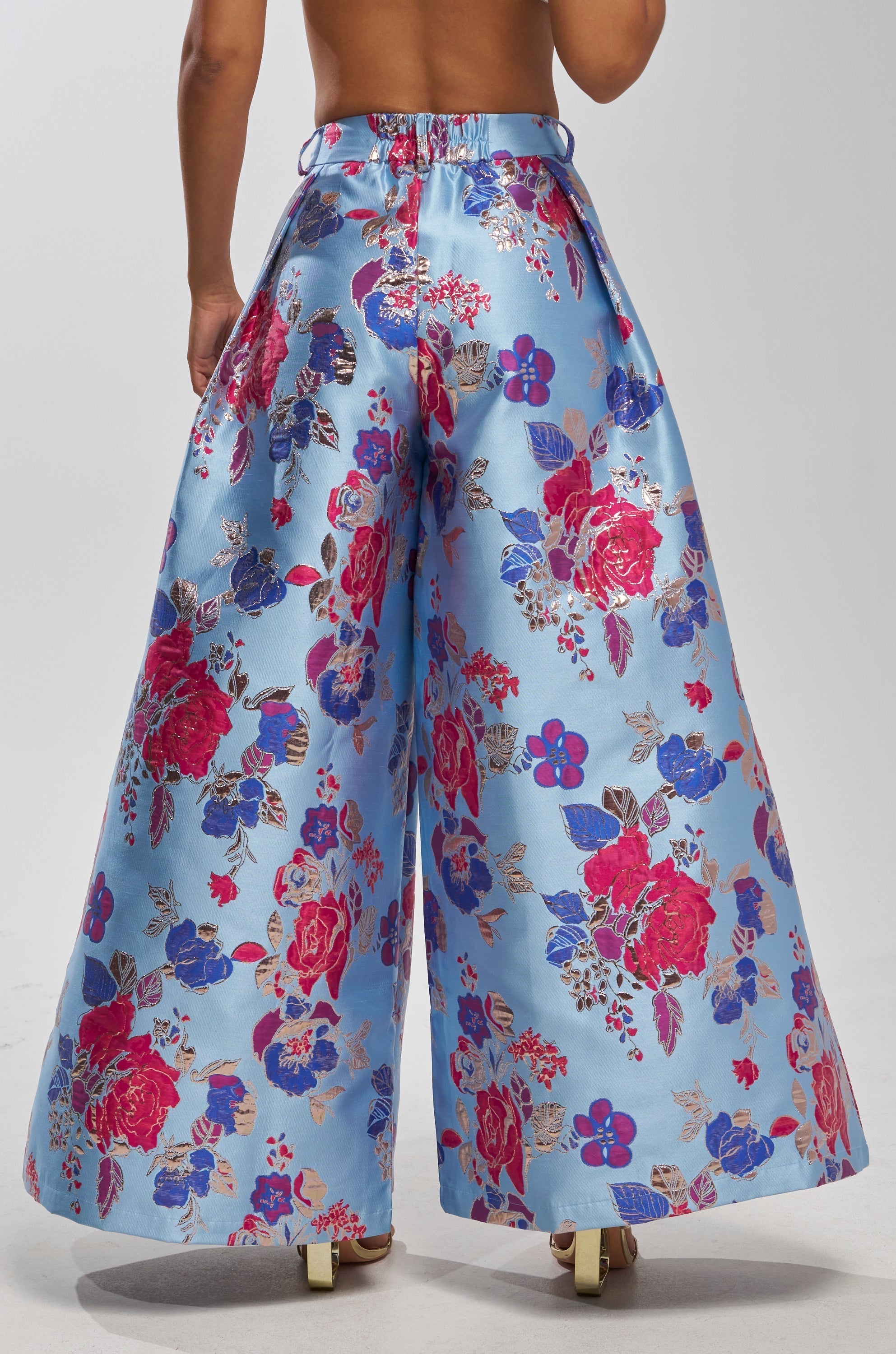 BUY MYSELF FLOWERS BROCADE TROUSER IN BLUE