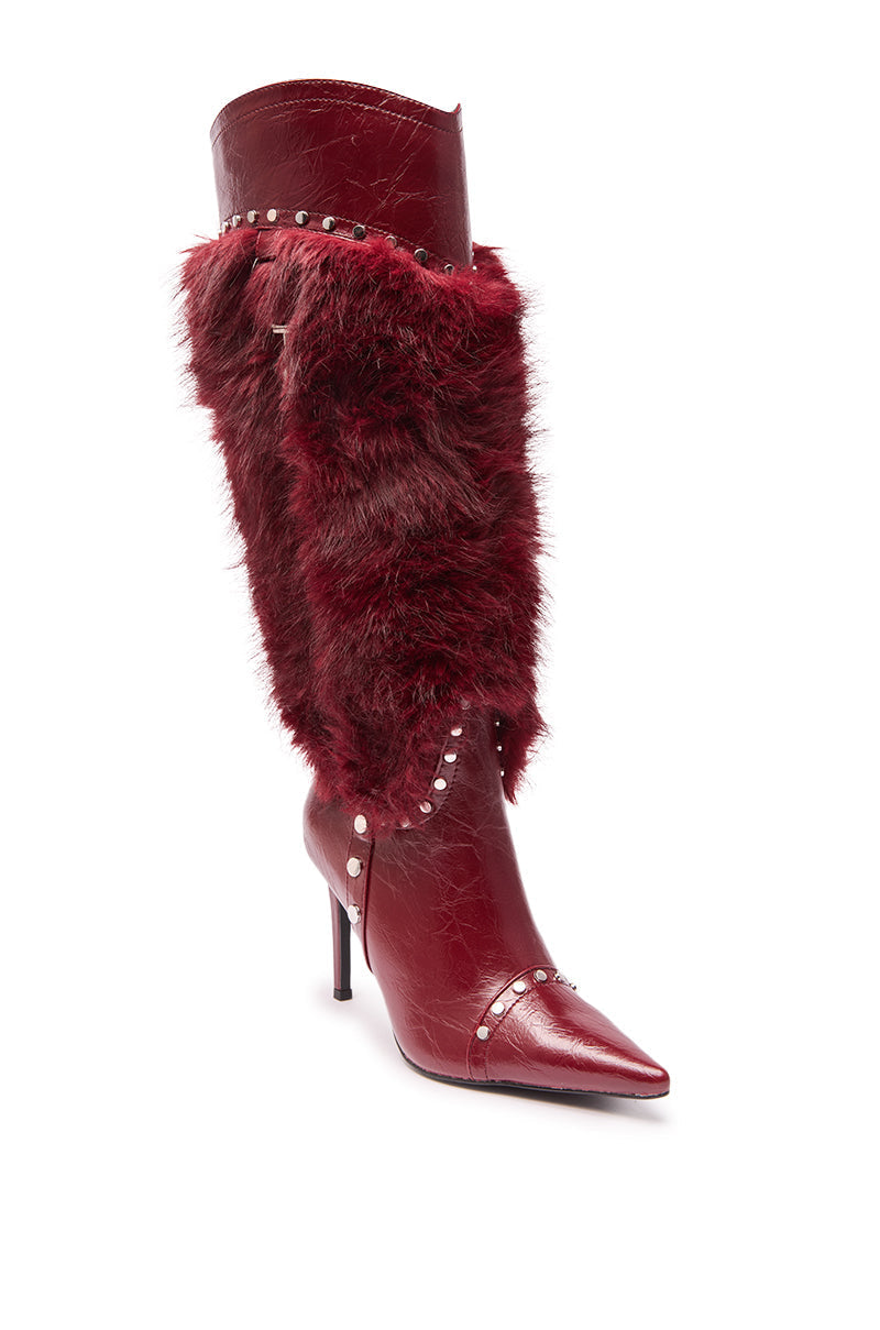 AZALEA WANG ALISETTE BURGUNDY MIXED MATERIAL FUR AND SNAKE STILETTO BOOT