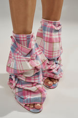 AZALEA WANG BIRD SONG PINK PLAID MULTI OPEN TOE SNAP BOOTIE