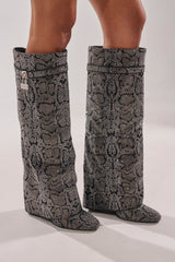 AZALEA WANG CAPRICORN RHINESTONE SNAKE PATTERN WEDGE FOLD OVER BOOT