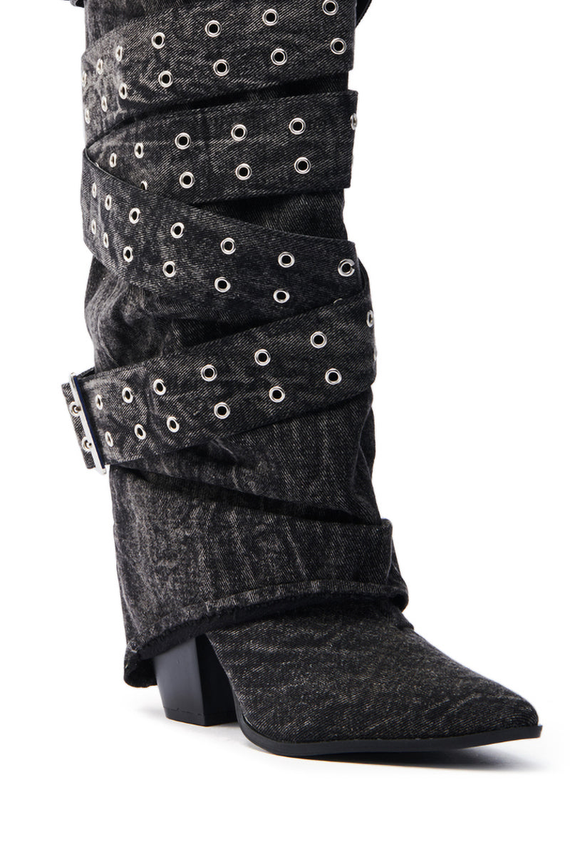 CENSORED BLACK DENIM BELTED CHUNKY BOOT