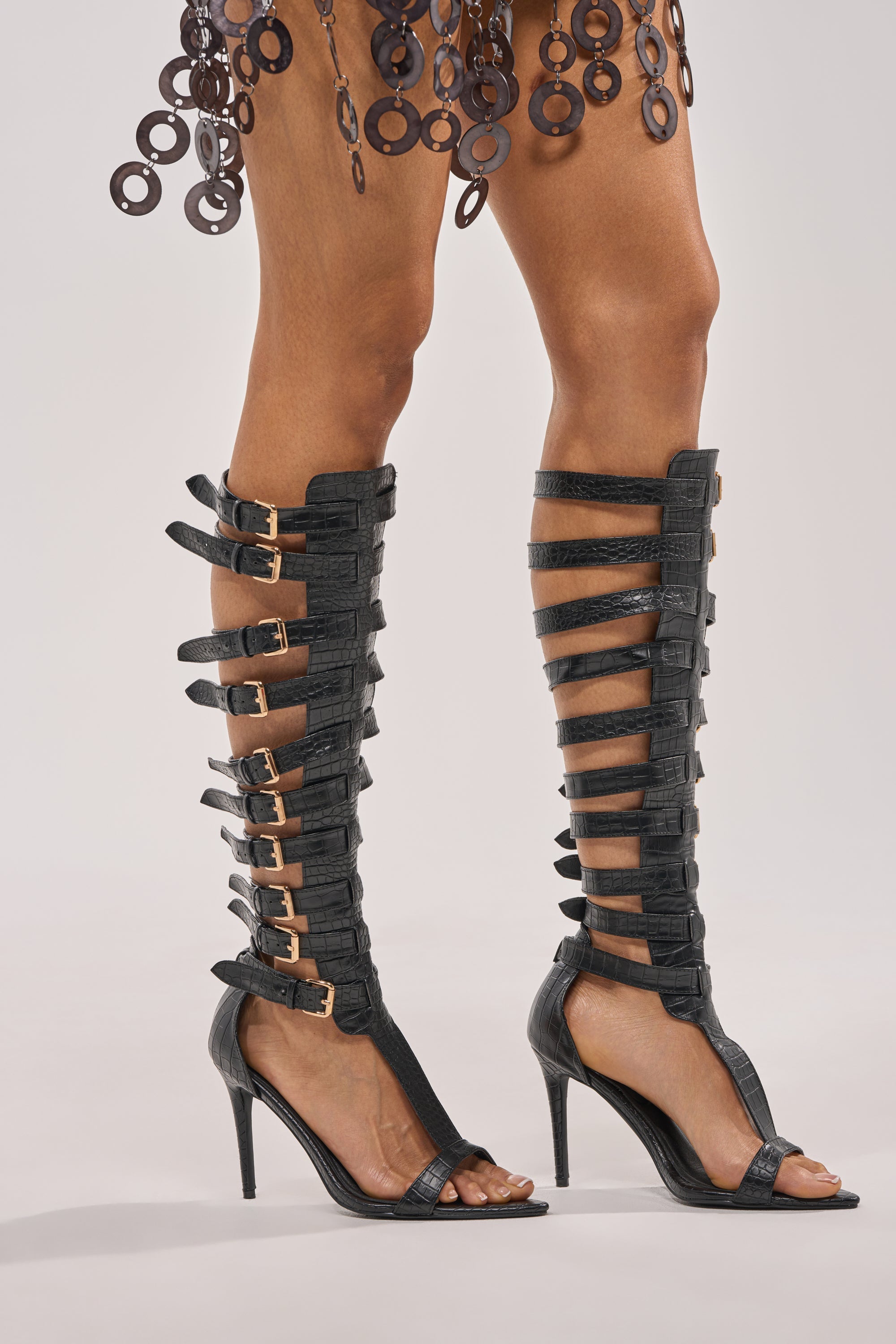 AZALEA WANG CHERLLI BLACK CROC OVER THE KNEE SANDAL