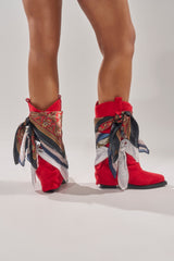 AZALEA WANG COBALT RED FAUX SUEDE SCARF EMBELLISHED WESTERN BOOTIE