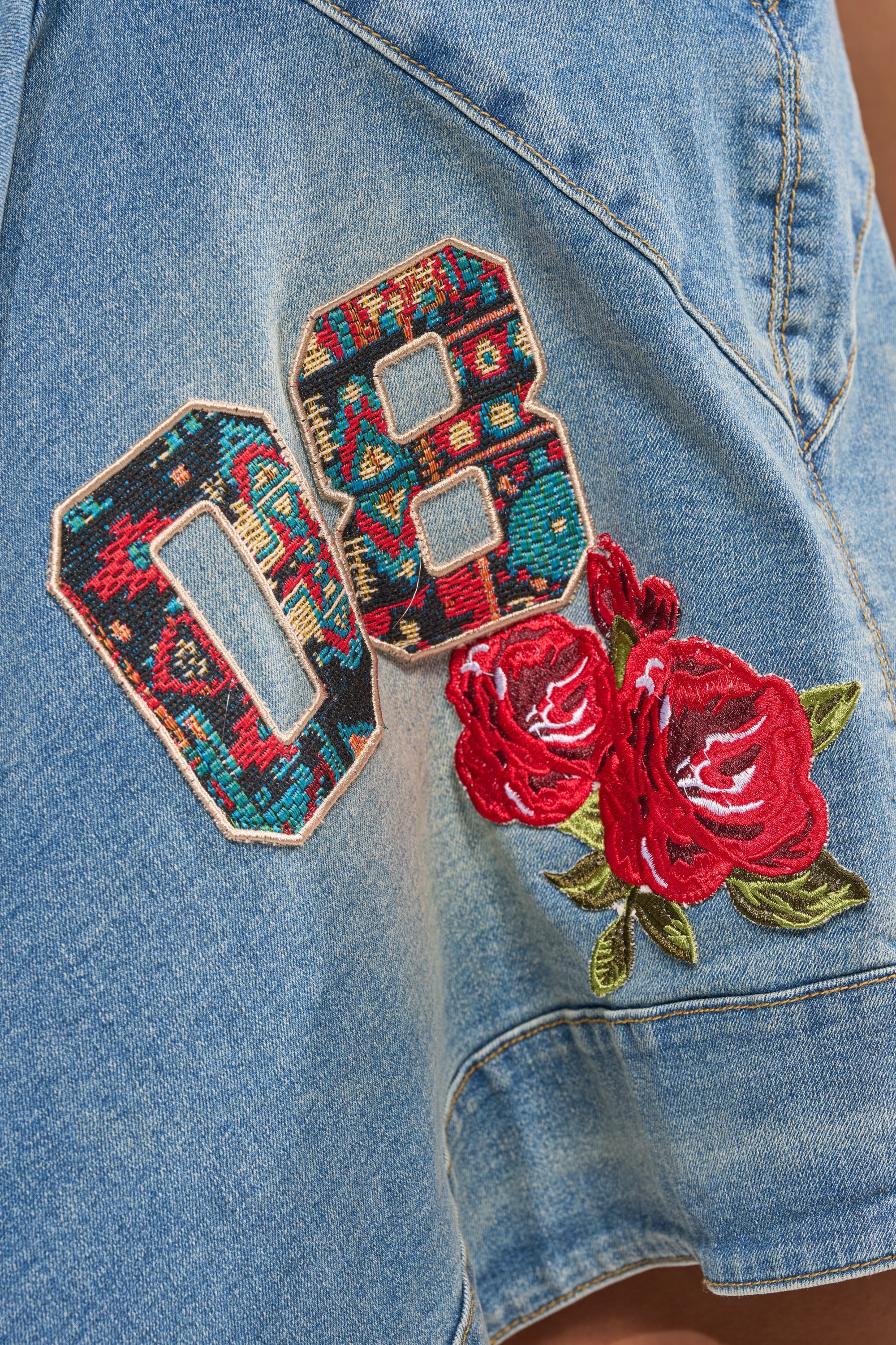 BALLER OFF DUTY DENIM PATCHWORK MINI DRESS