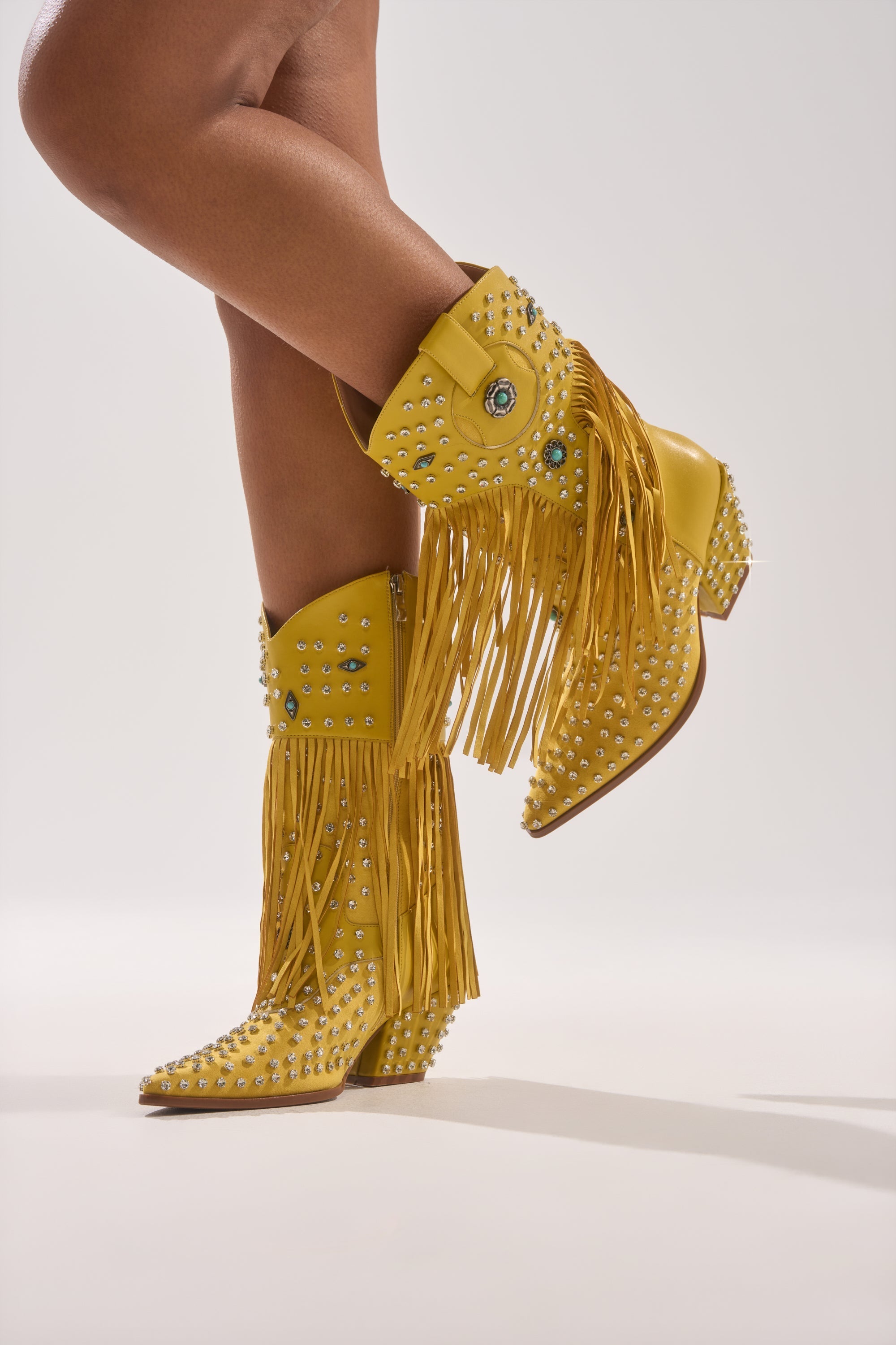 AZALEA WANG GREYSON YELLOW RHINESTONE EMBELLISHED WESTERN BOOTIE