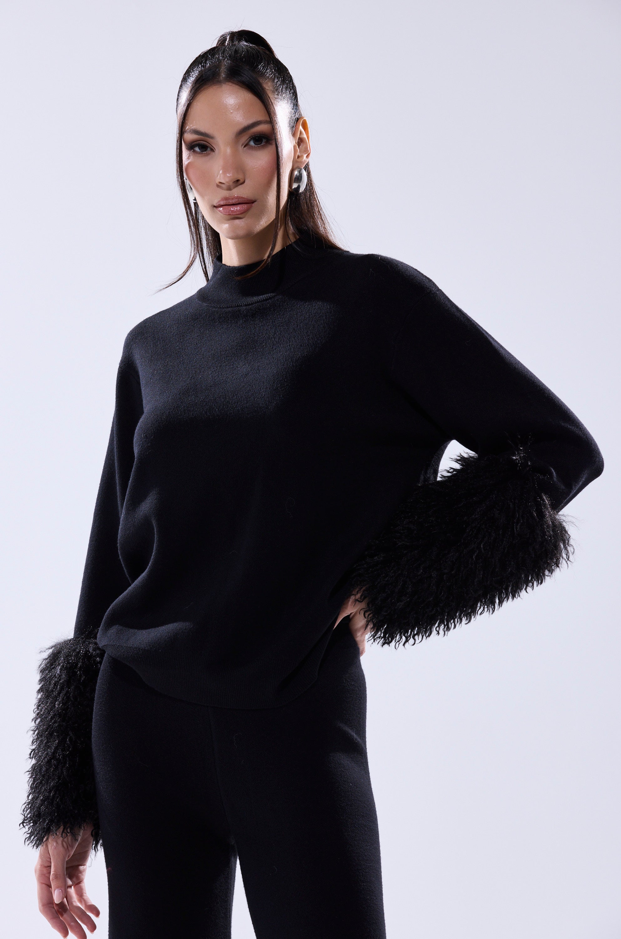 COZY VIBES SWEATER WITH FUR CUFF IN BLACK