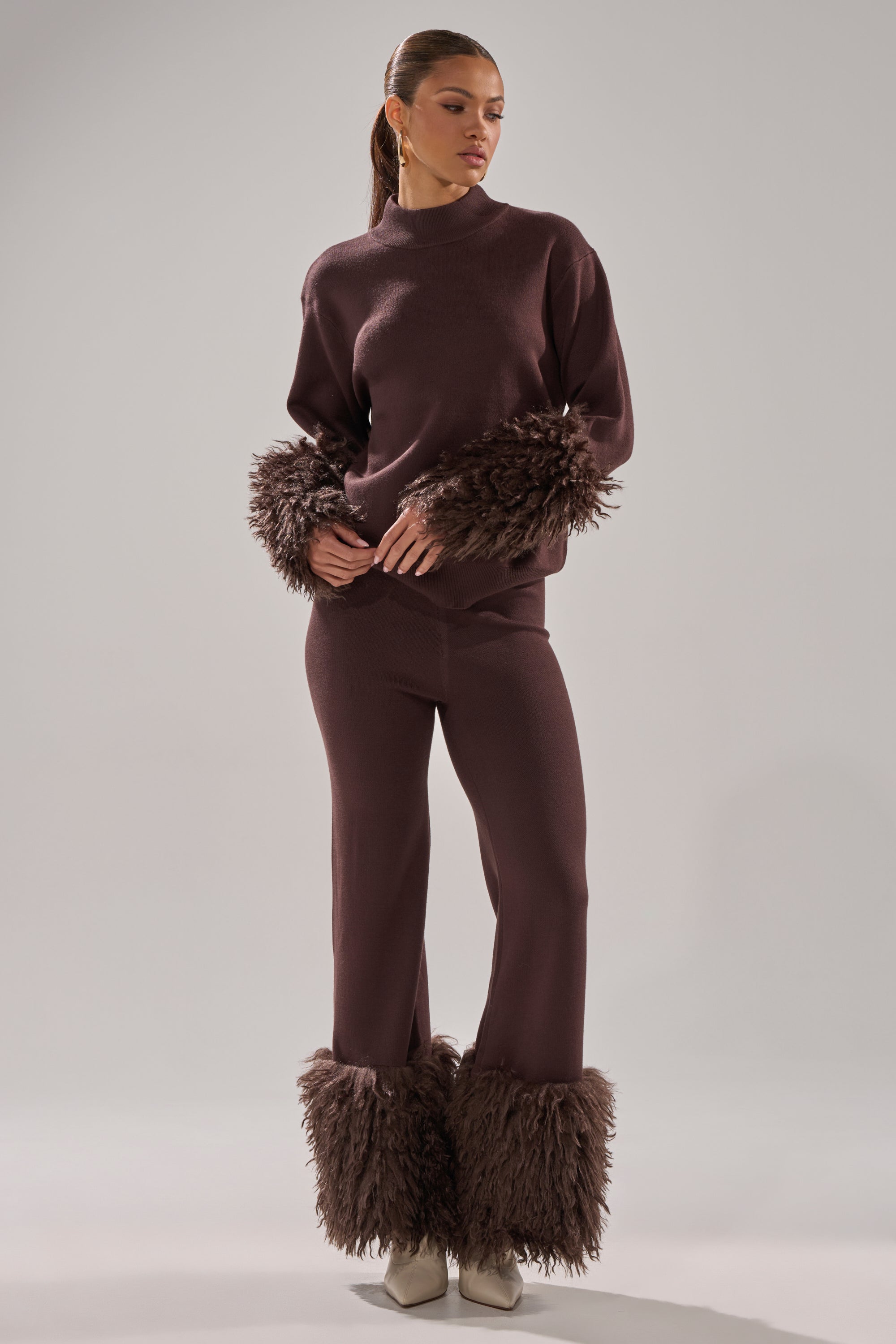 COZY VIBES SWEATER WITH FUR CUFF IN BROWN