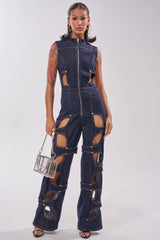 BRING THE ENERGY CUT OUT DENIM JUMPSUIT