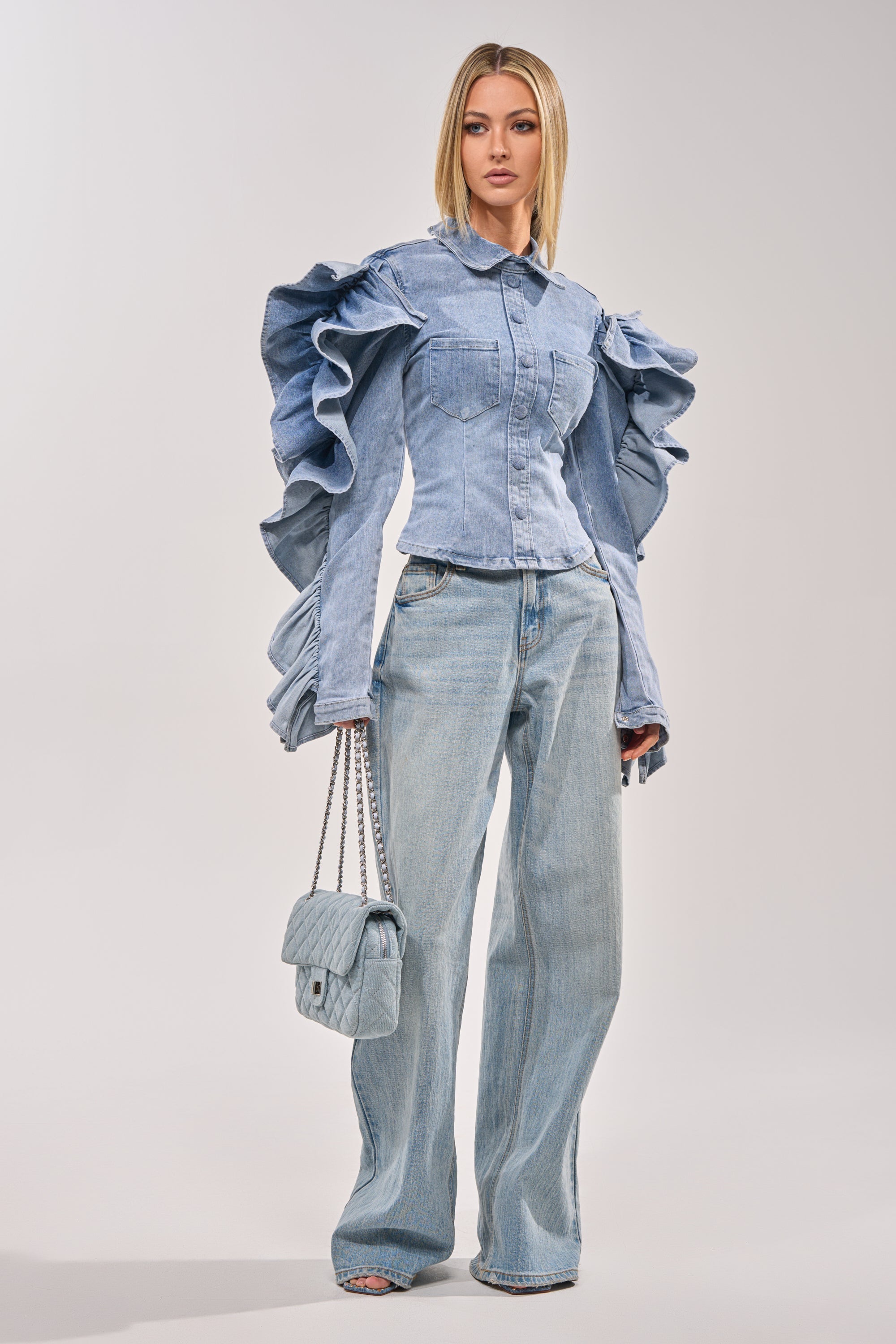 DREA RUFFLE SLEEVE DENIM BUTTON DOWN