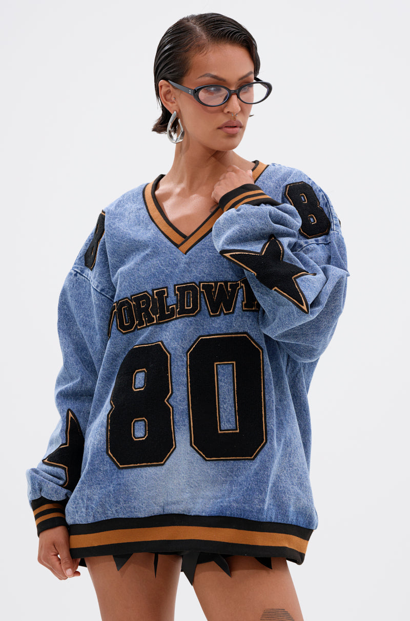 ALL AROUND THE WORLD DENIM SWEATSHIRT