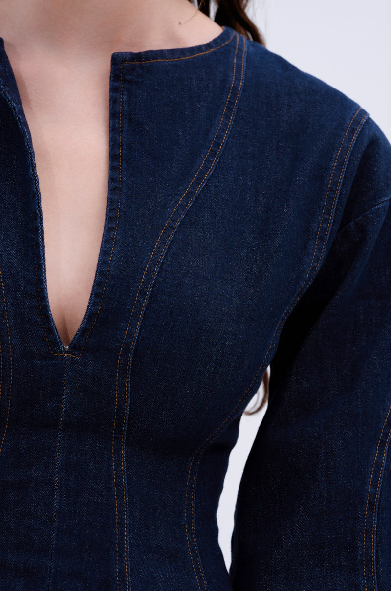ALL ABOUT MY BUSINESS DENIM MINI DRESS IN DARK BLUE