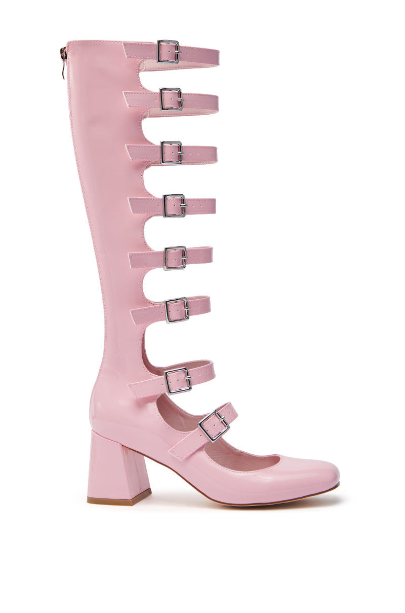AZALEA WANG LAIMA PINK PATENT CHUNKY BUCKLE BOOT