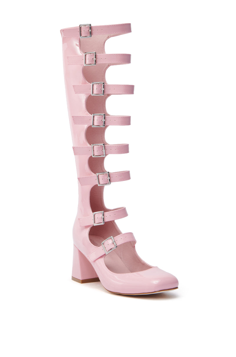 AZALEA WANG LAIMA PINK PATENT CHUNKY BUCKLE BOOT