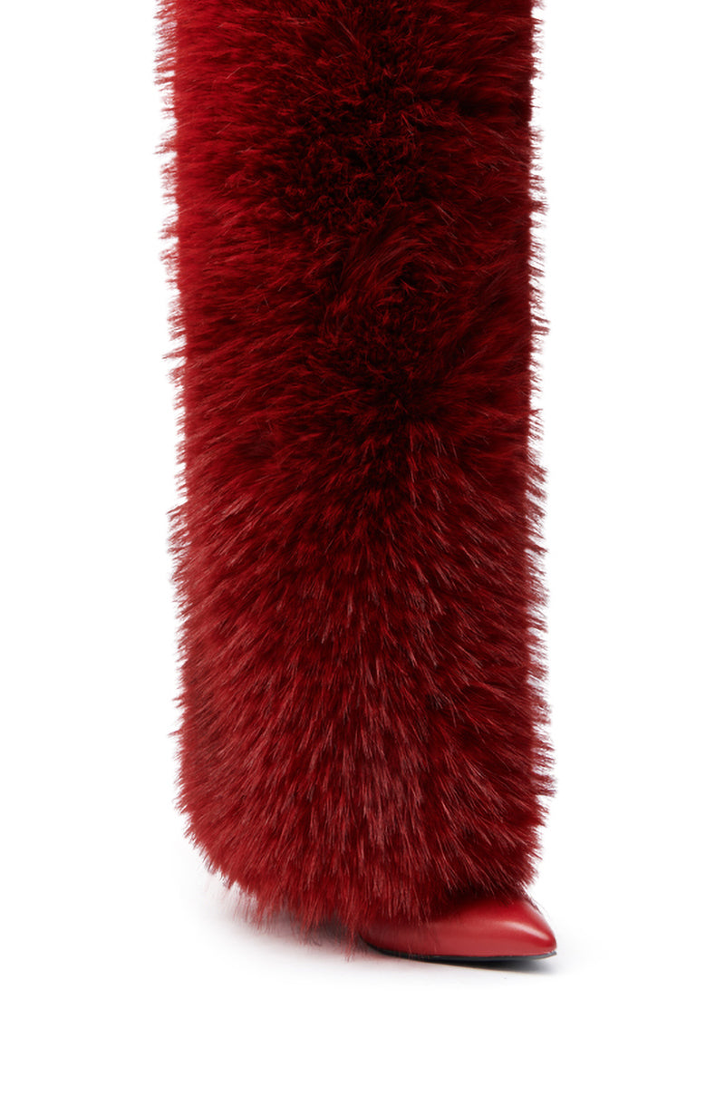 AZALEA WANG LANGLEYE RED THIGH HIGH FUR LUXE BOOT