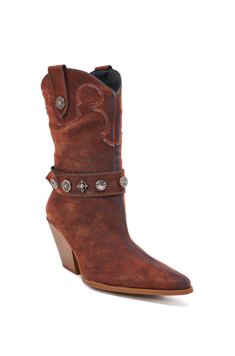 AZALEA WANG NEITH BURNT ORANGE DENIM WESTERN BOOTIE