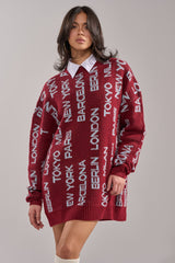 AROUND THE WORLD SWEATER MINI DRESS IN RED