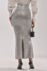 BRIGHT LIGHTS RHINESTONE MAXI SKIRT IN SILVER