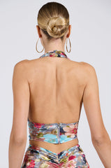 BURNT OUT CRUSHED VELVET FLORAL HALTER TOP