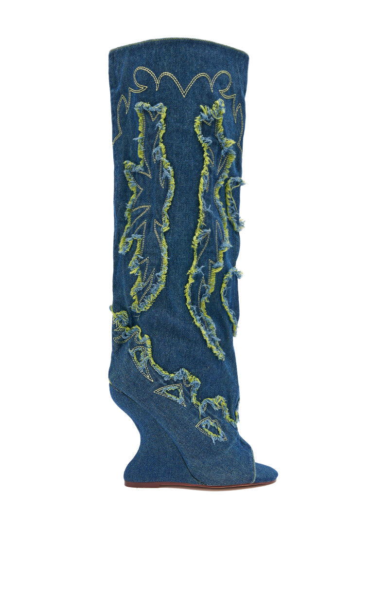 AZALEA WANG VIANCA GREEN MULTI DENIM WEDGE BOOT