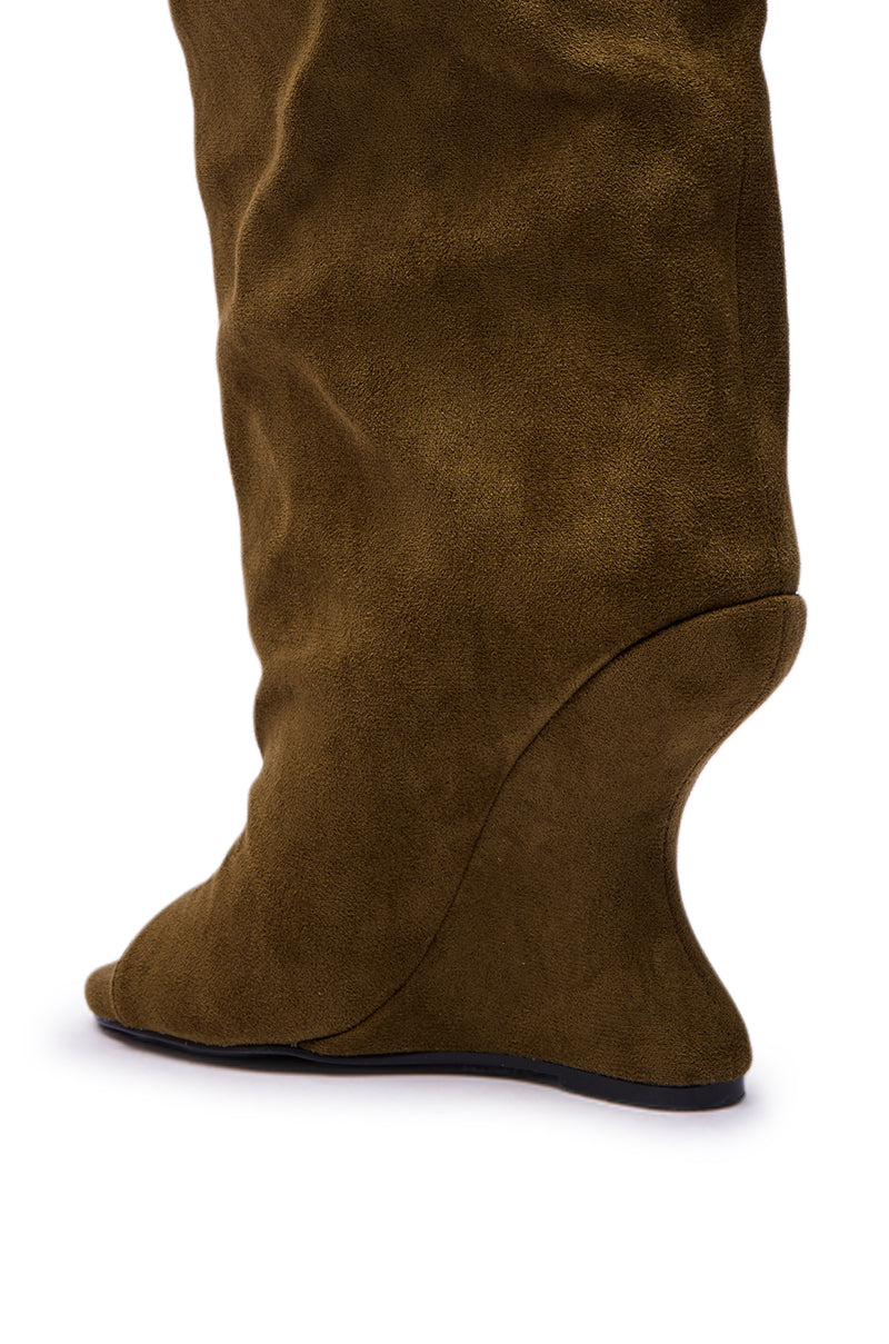 AZALEA WANG VINCENT OLIVE FAUX SUDED OPEN TOE WEDGE BOOT