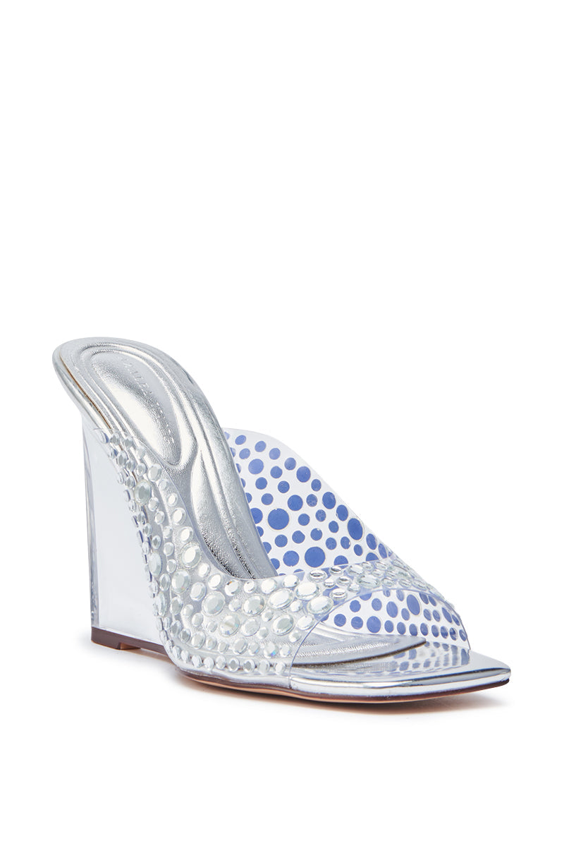 AZALEA WANG WIDYA SILVER RHINESTONE EMBELLISHED PVC WEDGE SANDAL
