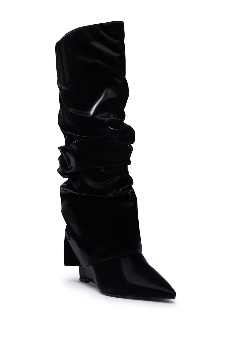 AZALEA WANG ZYLLA BLACK PATENT WEDGE RUCHED BOOT