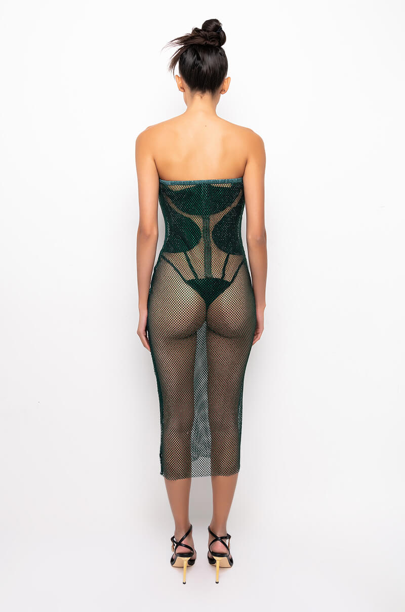 ALL DAY BABY RHINESTONE MESH TUBE DRESS DARK GREEN