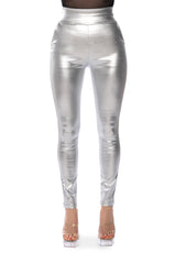 AMMO X AKIRA BIG BOOTY HIGH WAIST FAUX LEATHER PANT IN SILVER