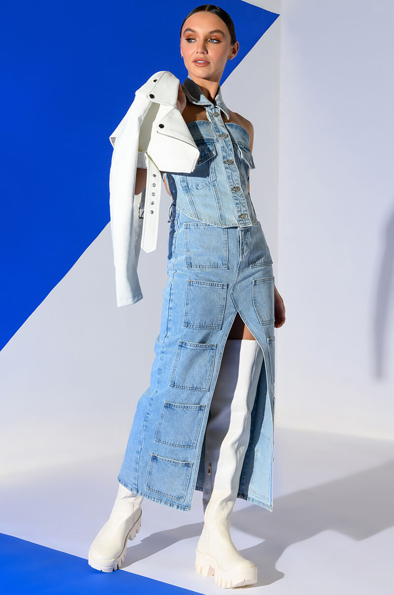 ANGELICA DENIM MIDI OPEN SLIT SKIRT