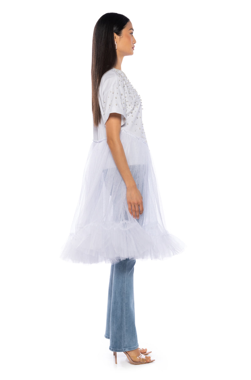 ANOTHER DREAMER EMBELLISHED TULLE T SHIRT IN WHITE