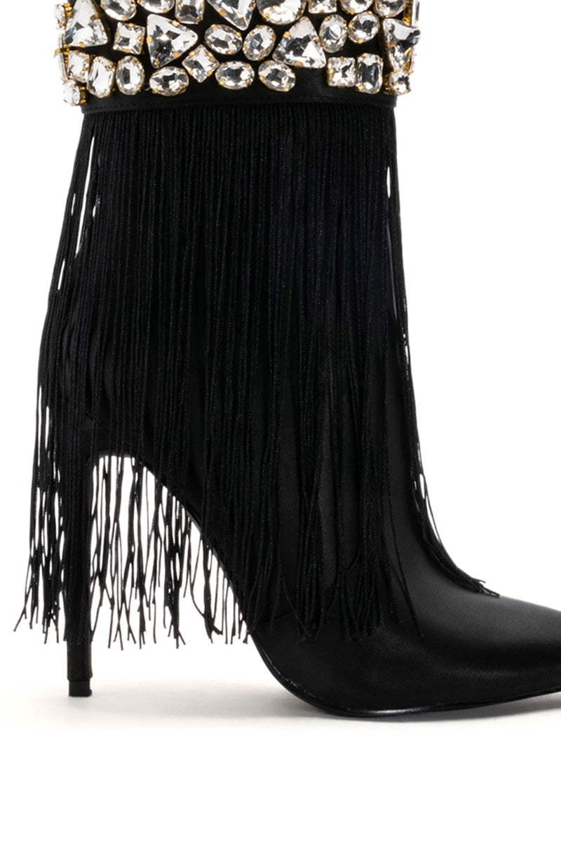 AZALEA WANG AVERI EMBELLISHED FRINGE BOOTIE IN BLACK